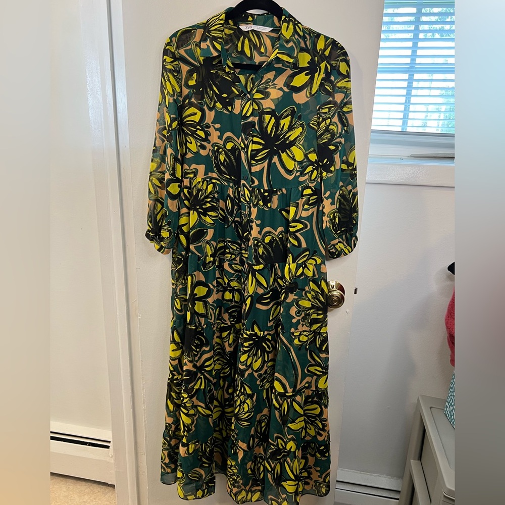 Zara Green and Yellow Floral Long Sleeve Dress